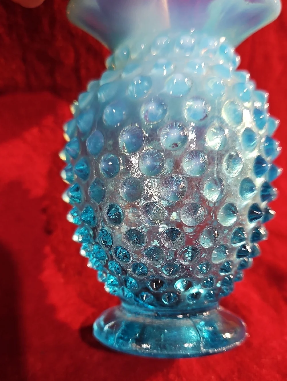 VTG Fenton Blue Opalescent Glass Hobnail Tricorn Purple Hue Crimped Rim Vase